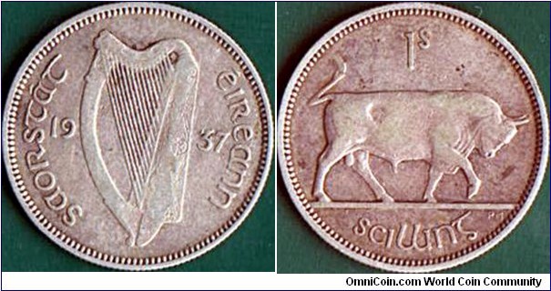 Ireland 1937 1 Shilling.

1st. coins of King George VI as King of Ireland (1936-49).