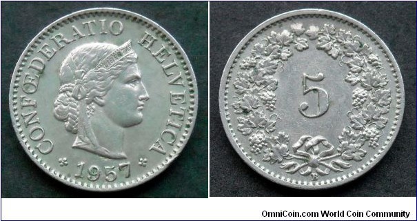 Switzerland 5 rappen.
1957 (B)