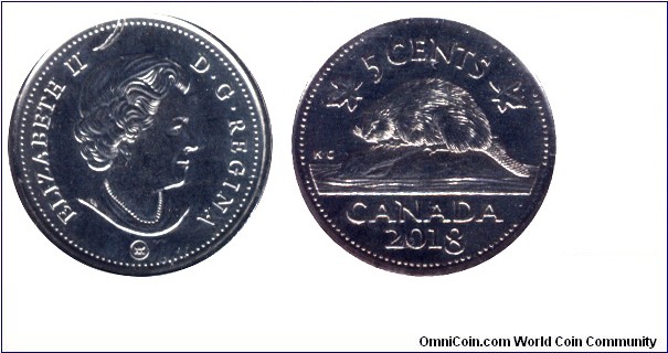 Canada, 5 cents, 2018, Beaver, Queen Elizabeth II.