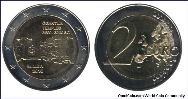 Malta, 2 euros, 2016, Cu-Ni-Ni-Brass, bi-metallic, 25.75mm, 8.5g, Ggantija Temples, 3600-3200 BC.