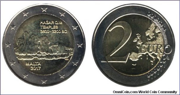 Malta, 2 euros, 2017, Cu-Ni-Ni-Brass, bi-metallic, 25.75mm, 8.5g, Hagar Qim Temples, 3600-3200 BC.