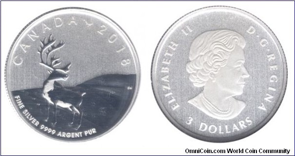 Canada, 3 dollars, 2018, Ag, Caribou, Queen Elizabeth II.