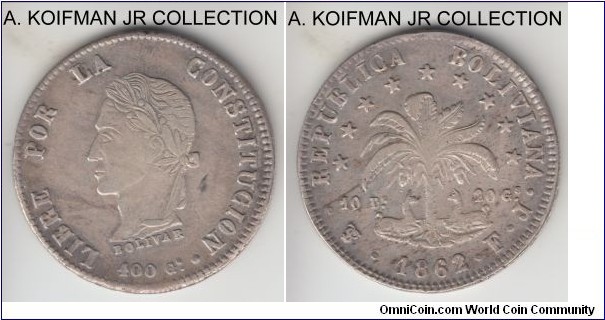 KM-138.6, 1862 Bolivia 8 soles, Potosi mint (PTS mintmark), FJ essayer; silver, reeded and lettered edge SUCRE *1824* AYACUCHO *; 1862/1 overdate and low island variety (island varieties are not currently documented in Krause), extra fine or about, very nice reverse for the type.