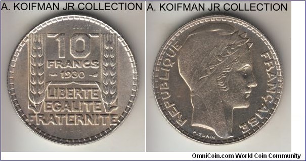 KM-878, 1930 France 10 francs; silver, reeded edge; closer 3 variety, average uncirculated, bag marks.