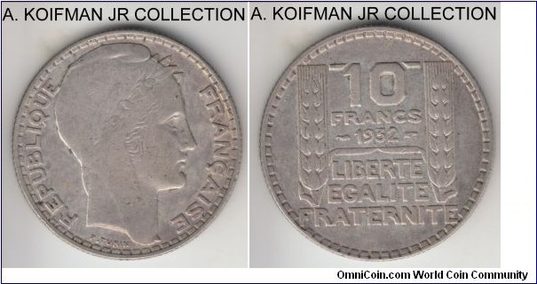 KM-878, 1932 France 10 francs; silver, reeded edge; decent grade, very fine or about.