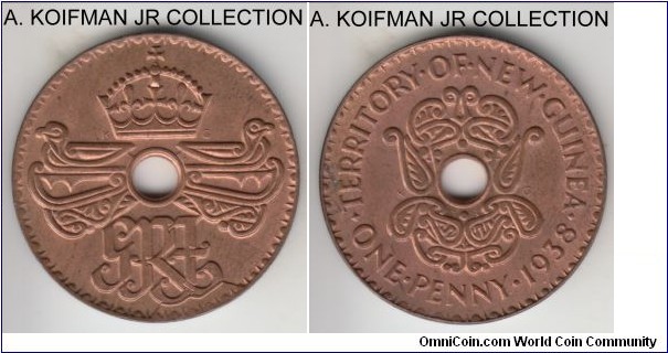 KM-7, 1938 New Guinea penny; bronze, lain edge; George VI, 2-year type, and much scarcer than 1936, red uncirculated.
