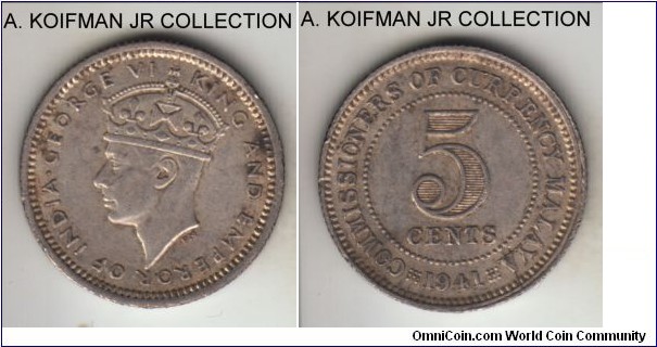 KM-3, 1941 Malaya 5 cents, Royal Mint (no mint mark); silver, reeded edge; George V, 2 yar type before silver content was reduced, average uncirculated, but a bit dirty and some toning.