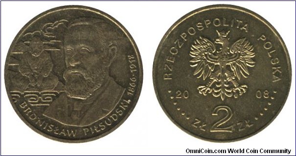 Poland, 2 zlote, 2008, Brass, 27mm, 8.15g, Bronislaw Pilsudski, 1866-1918.