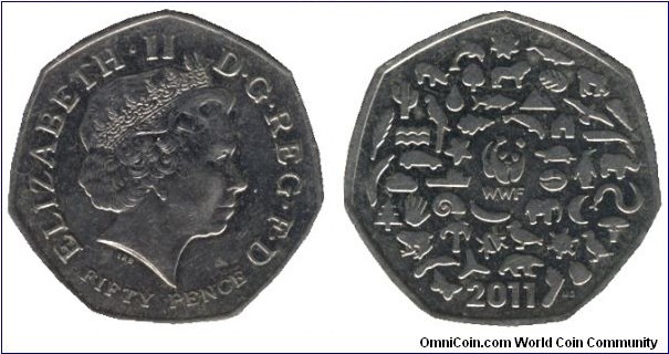 United Kingdom, 50 pence, 2011, Cu-Ni, 27.30mm, 8g, unusual shape, Queen Elizabeth II, 50th Anniversary of World Wildlife Fund.