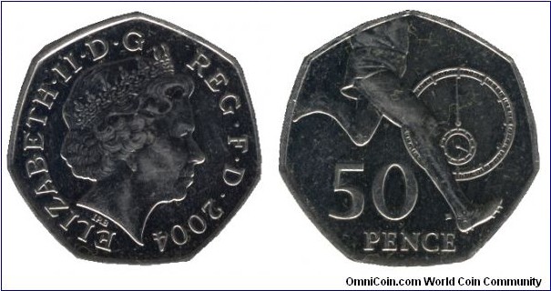United Kingdom, 50 pence, 2004, Cu-Ni, 27.3mm, 8g, Unusual shape, Queen Elizabeth II, Roger Barrister, 50th Anniversary of the four minute mile.