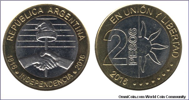 Argentina, 2 pesos. 2016, bi-metallic, 200th Anniversary of Independence.