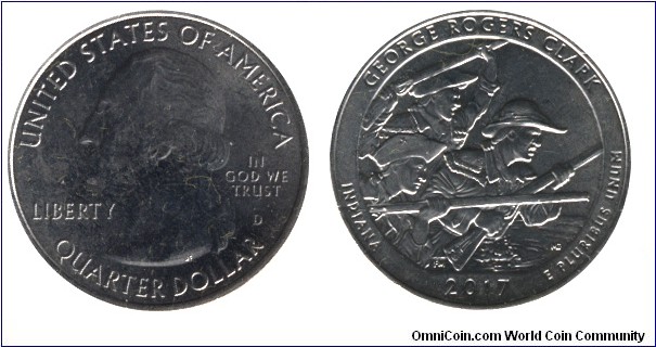 USA, 1/4 dollar, 2017, Cu-Ni, 24.26mm, 5.67g, MM: D, George Washington, George Rogers Clark, Indiana.