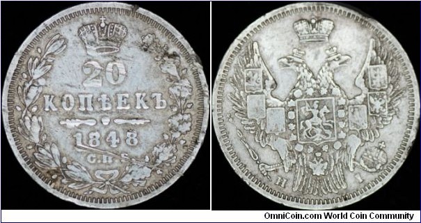 Siver 20 kopeks.Deep scratches,rare variant.