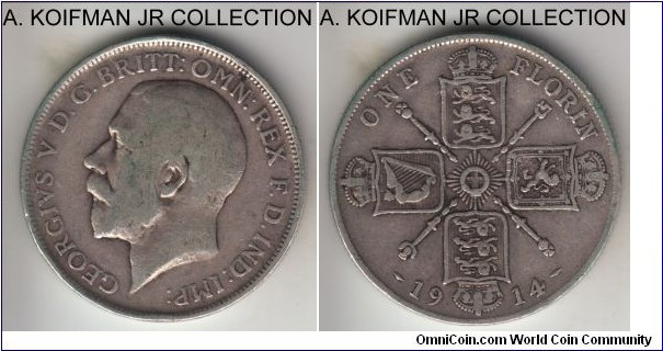 KM-817, 1914 Great Britain florin; silver, reeded edge; early George V type, average circulated.