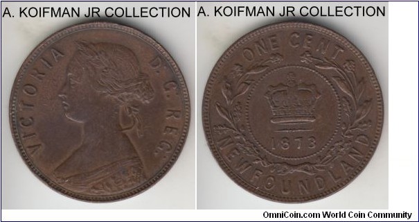 KM-1, 1873 Newfoundland cent, Royal mint (no mint mark); bronze, plain edge; good very fine details, but had been wiped and a few scuffs around the edges, typically small mintage of just over 200,000..