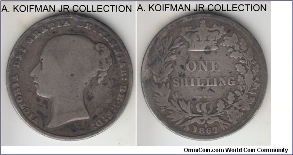 KM-734.2 or 734.3, 1867 Great Britain shilling, silver, reeded edge; Victoria, dies number 8, can't determine of this is a low or high relief variety, worn.