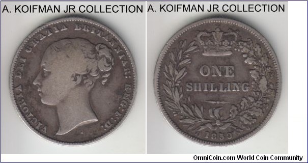 KM-734.1, 1839 Great Britain shilling; silver, reeded edge; early Victoria, first young head, no WW on trancation, fine or almost.