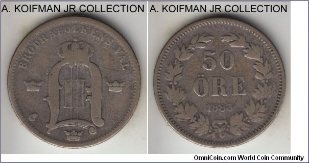 KM-740, 1883 Sweden 50 ore; silver, reeded edge; Oscar II, average circulated.