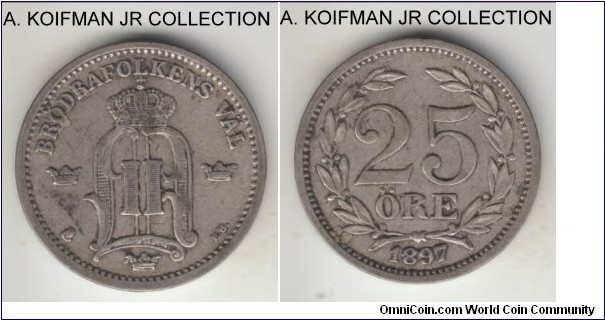 KM-739, 1897 Sweden 25 ore; silver, plain edge; Oscar II, decent circulated grade, strong very fine.