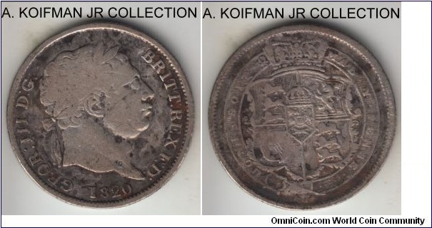 KM-666, 1820 Great Britain shilling; silver, reeded edge; George III, last year of the type, well circulated, very good or almost.