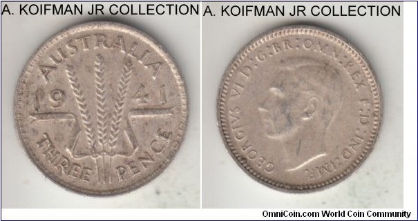 KM-37, 1941 Australia 3 pence, Melbourne mint (no mint mark); silver, plain edge; George VI war time mintage, about extra fine, weakly struck as common for the type.