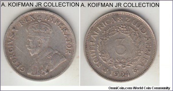 KM-15a, 1924 South Africa (Dominion) 3 pence; silver, plain edge; George V, first type, scarcer year to get, decent circulated grade, good fine or about.