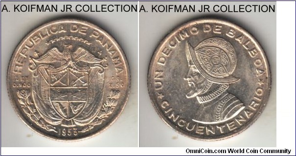 KM-18, 1953 Panama 1/10 balboa; silver, reeded edge; common issue but nice, bright  uncirculated with a pleasant toning.