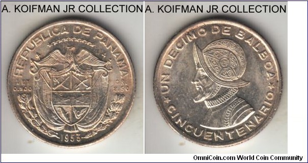 KM-18, 1953 Panama 1/10 balboa; silver, reeded edge; common issue but nice, bright  uncirculated with a pleasant toning.