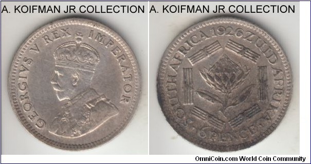 KM-16.1, 1926 South Africa (Dominion) 6 pence; silver, reeded edge; George V, decent grade, very fine details, cleaned and darker reverse toning.