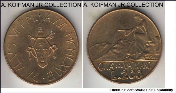 KM-138, 1978 Vatican 200 lire; aluminum-bronze, reeded edge; Paul VI, year XVI, one year type, average toned uncirculated.