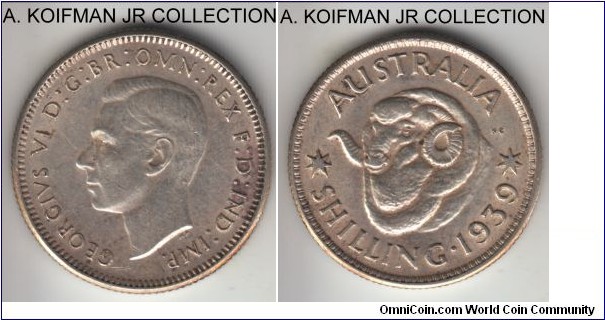 KM-39, 1939 Australia shilling, Melbourne mint (no mint mark); silver, reeded edge; George VI, scarcer year, decent very fine.