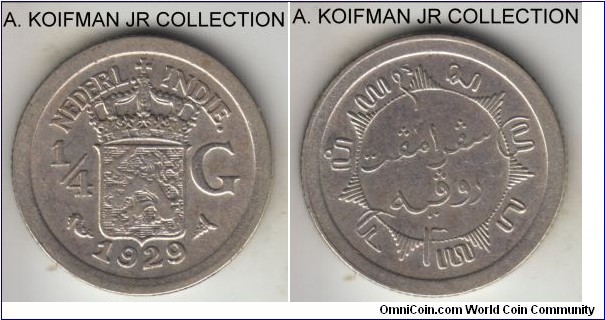 KM-312, 1929 Netherlands East Indies 1/4 gulden; silver, reeded edge; Wilhelmina I, smaller mintage year, very fine to good very fine.