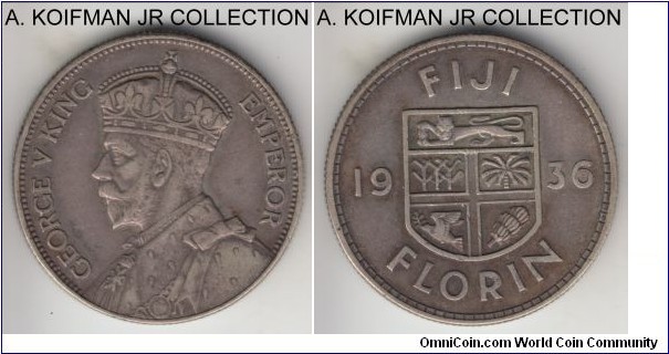 KM-5, 1936 Fiji florin; silver, reeded edge; George V, small mintage year, only 65,000 minted, good very fine, toned.