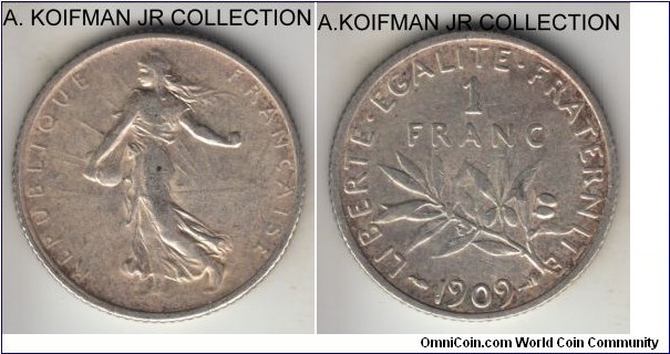 KM-844.1, 1909 France franc; silver, reeded edge; La Semeuse (sower) type of the common year before WWI, average circulated.