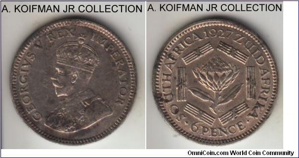 KM-16.1, 1926 South Africa (Dominion) 6 pence; silver, reeded edge; George V, almost uncirculated details, but the coin has splotchy toning spots and a deep scratch on obverse.