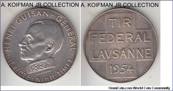 Richter 1649b, 1954 Switzerland Lausanne shooting medal; silver, reeded edge, 33 mm, 14 gr; commemorating general Henri Guisan, mintage is not widely known, but not very common, uncirculated.