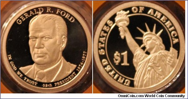 Gerald R. Ford, 38th President, $1 coin series. Manganese-brass, 26.5 mm.