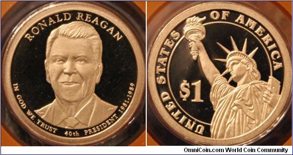 Ronald Reagan, 40th President. Credited for winning the 'cold war'.  This ends the Presidential Dollar coin series as a person still living cannot be on a US coin.