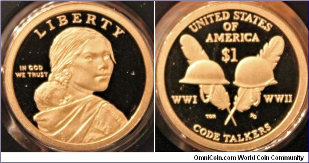 Native American $1 coin program.  This year honored Native American Code Talkers in World War I and World War II. The languages used by American Indians greatly assisted their fellow American soldiers in the heat of battle by transmitting messages in unbreakable battle codes. 