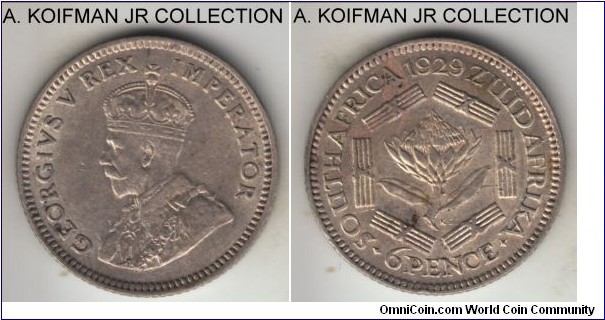 KM-16.1, 1929 South Africa (Dominion) 6 pence; silver, reeded edge; George V, these are scarce coin in good grades despite being minted in abundance, in good very fine to about extra fine grade.