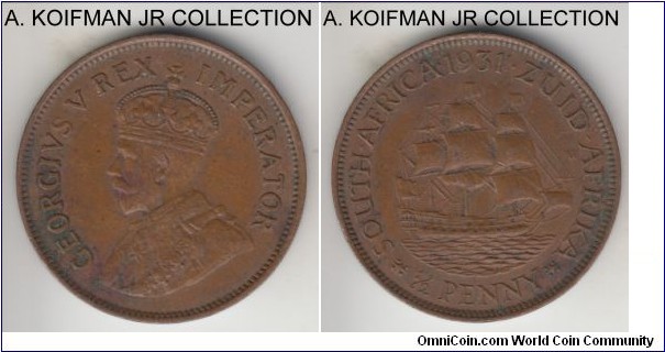 KM-13.2, 1931 South Africa 1/2 penny; bronze, plain edge; George V, scarcer early years of the Dominion and small mintage of 145,000, extra fine or about.