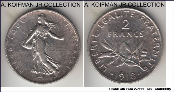 KM-845.1, 1918 France 2 francs; silver, reeded edge; Sower type, decent lightly circulated grade, good very fine to extra fine.