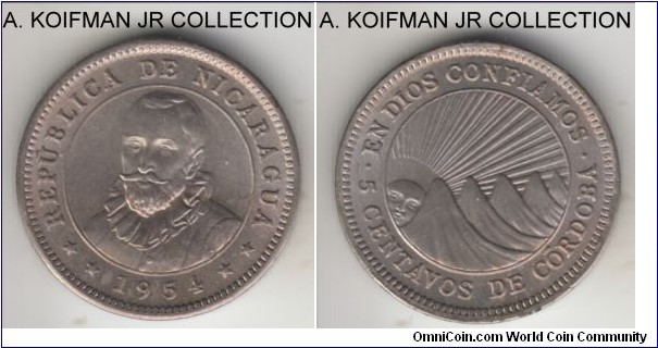 KM-17.1, 1954 Nicaragua 10 centavos; copper-nickel, BNN lettered edge; uncommon circulation issue despite large mintage, decent uncirculated specimen.