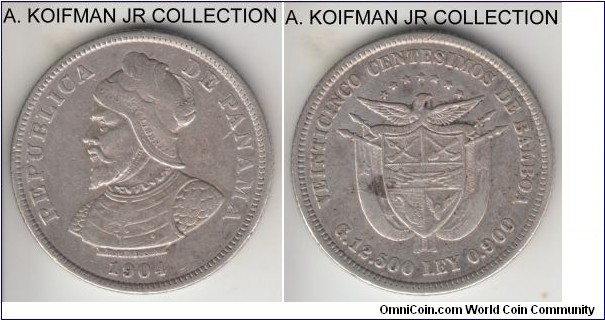 KM-4, 1904 Panama 25 centesimos; silver, reeded edge; first independent issue, good very fine details, likley cleaned.