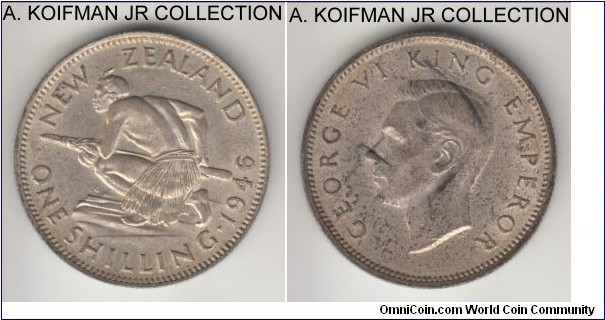 KM-9, 1946 New Zealand shilling; silver, plain edge; George VI, last year of the silver circulation mintage, almost uncirculated, toned and a couple of darker toning streaks.