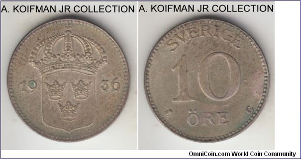 KM-780, 1936 Sweden 10 ore; silver, plain edge; Gustaf V, a more common long 6 variety, toned about uncirculated.