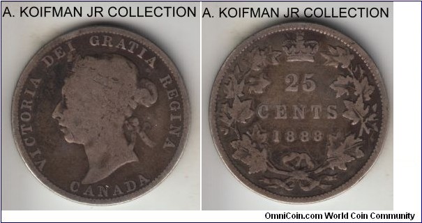 KM-5, 1888 Canada 25 cents; silver, reeded edge; Victoria, good or about, toned.