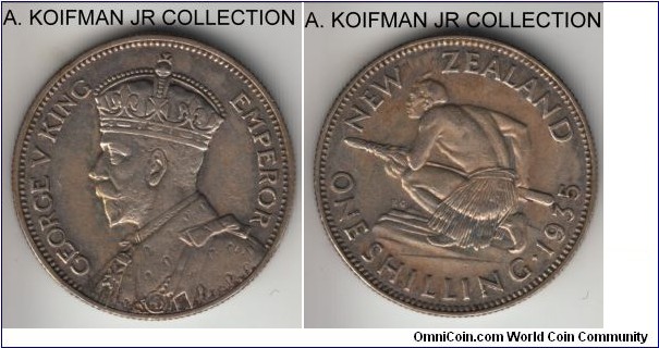 KM-3, 1935 New Zealand shilling; silver, reeded edge; George V first type, less common year in good very fine.