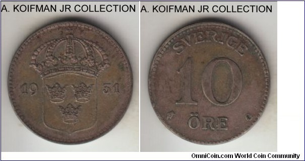 KM-780, 1931 Sweden 10 ore; silver, plain edge; Gustaf V, circulated, good very fine to extra fine and toned.