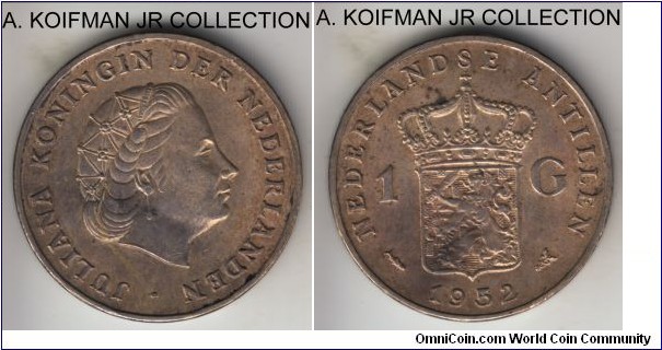 KM-2, 1952 Netherlands Antilles gulden; silver, lettered edge; Queen Juliana, first year of the type, toned extra fine or so.
